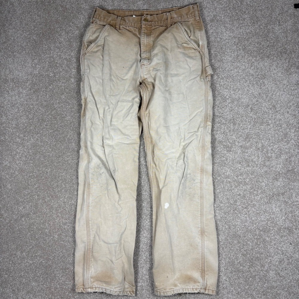 Carhartt B111-BRN Flannel Lined Work Pants Mens 34x34 Brown Distressed Faded